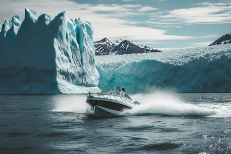冰川旁行驶的快艇图片