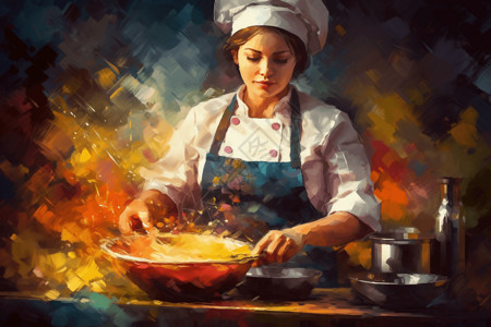 人像女油画风格的女厨师插画