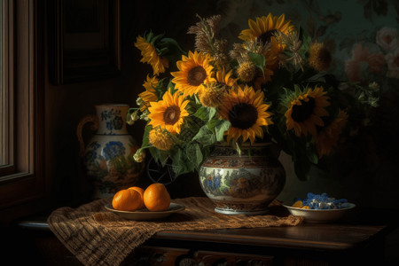 桌子上的鲜花桌子上的向日葵花束设计图片