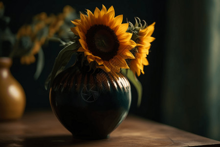 花瓶中的一束向日葵图片