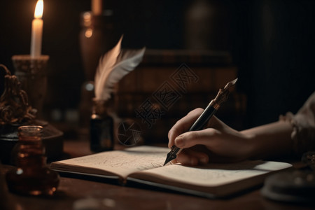 羽毛写字拿着钢笔写日记设计图片