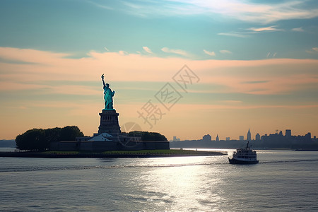 纽约市哈德逊河上的自由女神像图片