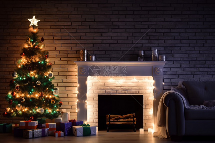 白色壁炉和圣诞树图片