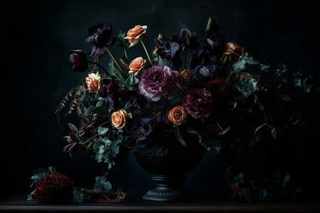 黑色艺术花瓶黑暗中的花朵背景