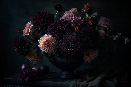 黑色花瓶中的一束深色花朵图片