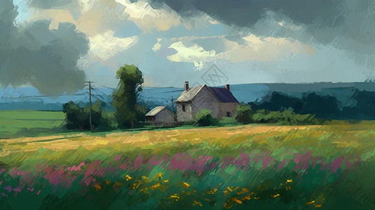 暴风雨前宁静美丽的郊外村庄油画插画