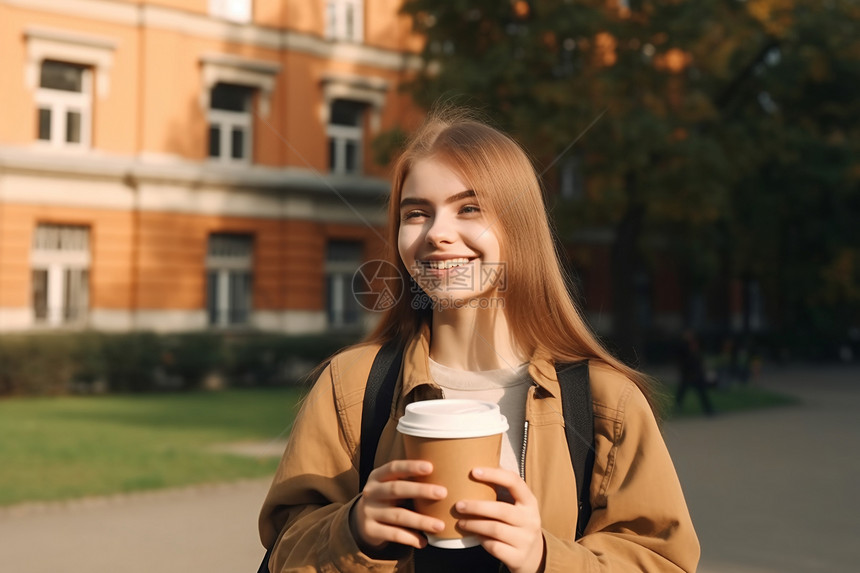 年轻女学生拿着咖啡图片