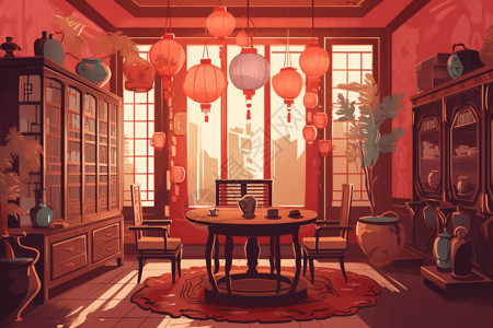 中式圆桌传统中式装饰的茶馆插画