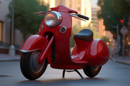 3D趋势走向一辆光滑的摩托车，有着闪闪发光的红色油漆，在红绿灯时转动了发动机。(皮克斯趋势，3D卡通人物，)背景