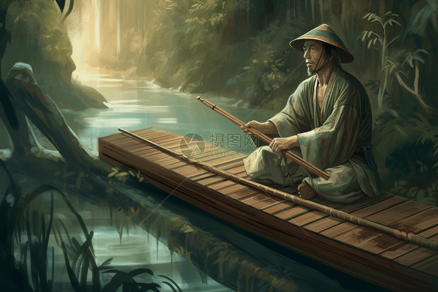 男子在竹林中演奏古琴插图图片