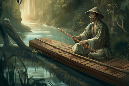 男子在竹林中演奏古琴插图背景图片