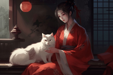 穿红色长袍猫穿着汉服的女孩在花园撸猫的插图插画