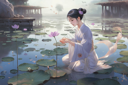 罐子里的莲子女孩在池塘里采摘莲子艺术插图插画