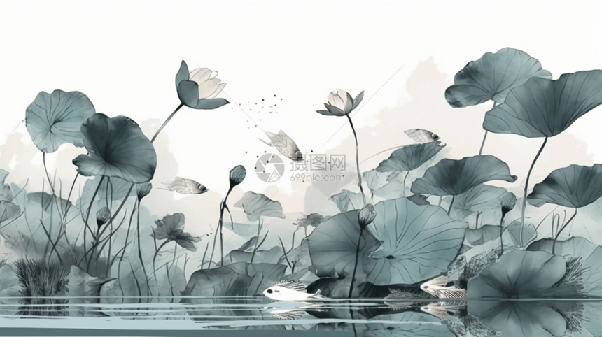 中国风荷叶池塘艺手绘插图图片