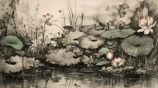 中国风荷叶池塘插图图片