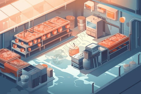 低温保鲜食品工厂车间冷冻区的平面插图插画
