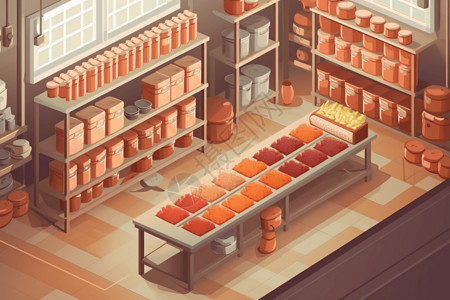 食品工厂车间调味区的平面插图图片