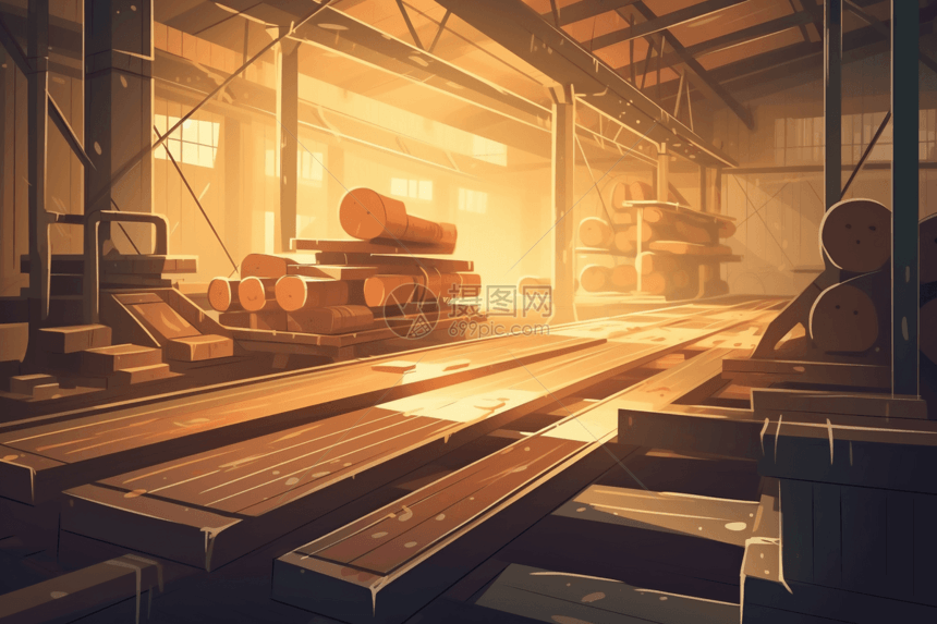 锯木厂锯切木板插图图片