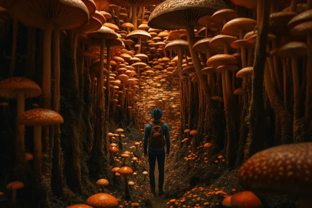 蘑菇林与探索者高清图片