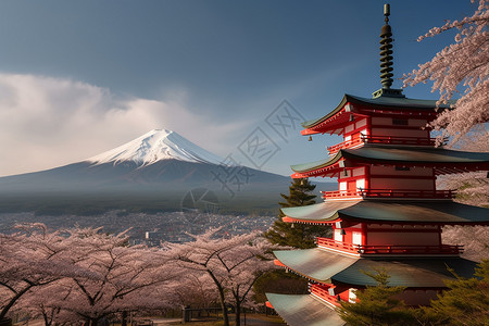 富士山的樱花季节和红塔高清图片