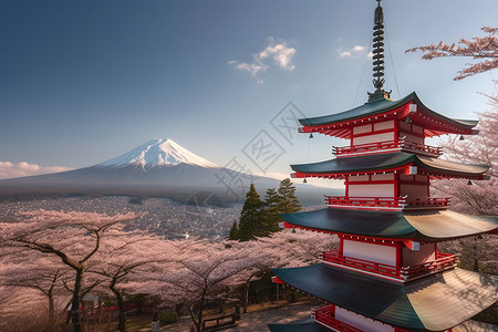 富士山的樱花和红塔高清图片