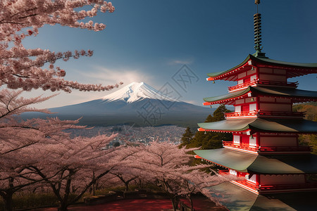 樱花和富士山红塔高清图片
