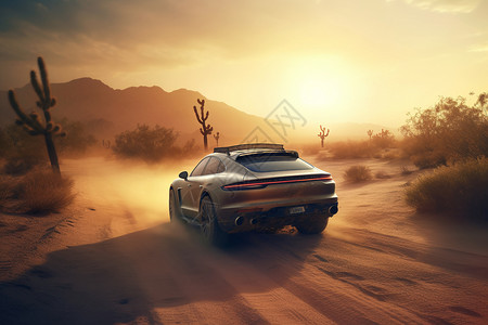 沙漠中行驶的汽车背景图片