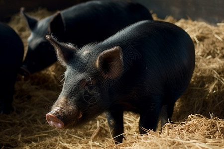 农场的谷仓里的黑猪图片