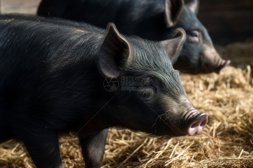 黑猪在农场的谷仓里图片