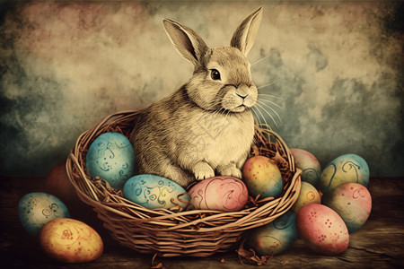 兔子坐五颜六色的篮子里图片