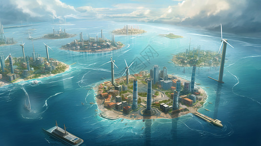 鸟瞰城市鸟瞰一座由海洋能源驱动的城市插画