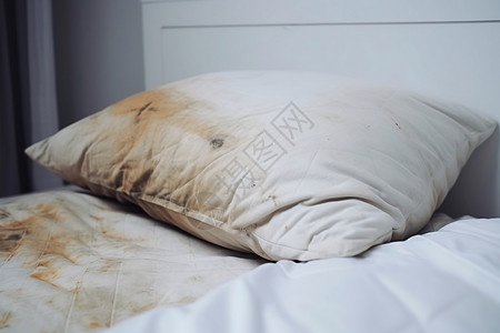 酒店床上白色床上的脏枕头设计图片