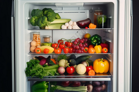 装满新鲜水果和蔬菜的冰箱背景图片