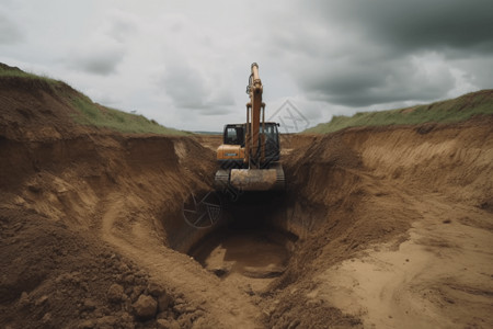 挖掘机挖深的广角镜头背景图片