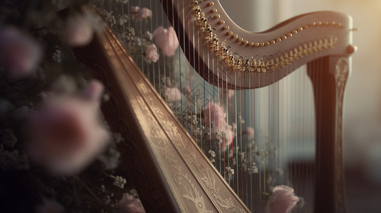 精美的竖琴和花朵背景图片
