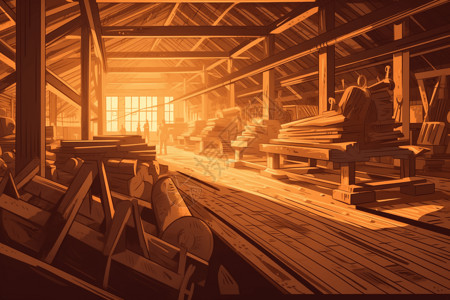 木厂锯切木板插图背景图片