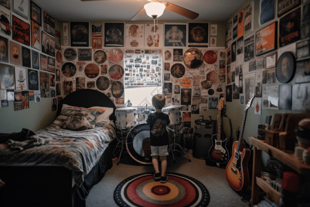 打鼓的小男孩小男孩在卧室里练习打鼓技巧背景