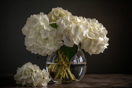 透明玻璃瓶中白色绣球花背景图片