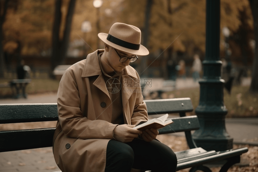 在公园的长凳上读书的男人图片