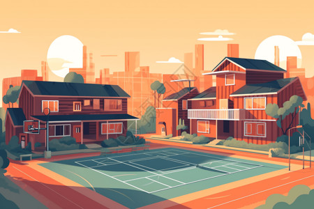 社区篮球场住宅公共活动社区插画