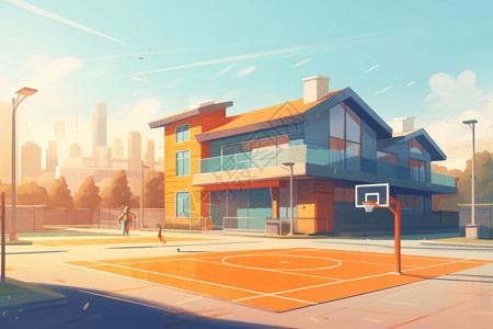 社区篮球场操场和篮球场社区插画