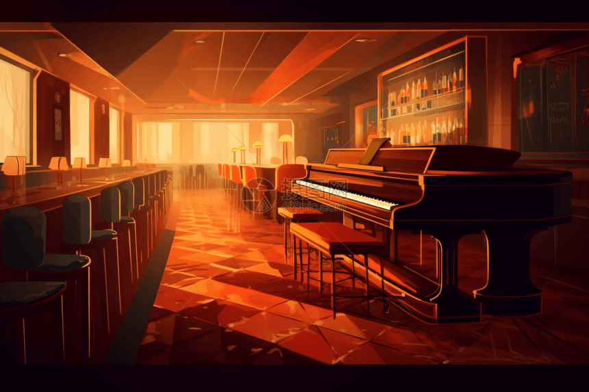 有一排长桌的钢琴酒吧图片