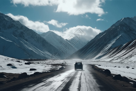 积雪山峰汽车驶过山峰设计图片