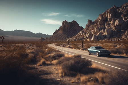 仙人掌沙漠高速公路上行驶的汽车设计图片