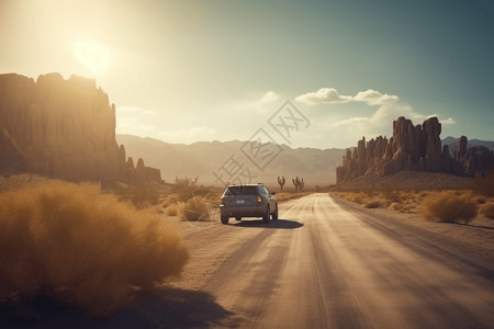 沙漠上足迹公路上行驶的汽车设计图片