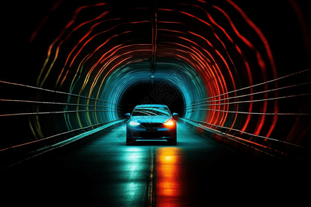 彩色隧道中行驶的汽车图片