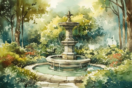 太阳能喷泉的水彩画高清图片