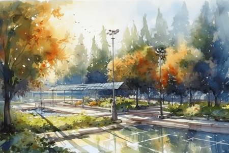 城市公园的水彩画。，高清背景图片