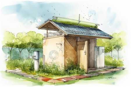 草地上门带有绿色屋顶的卫生间插画