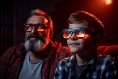 一对父子戴着3D眼镜高清图片